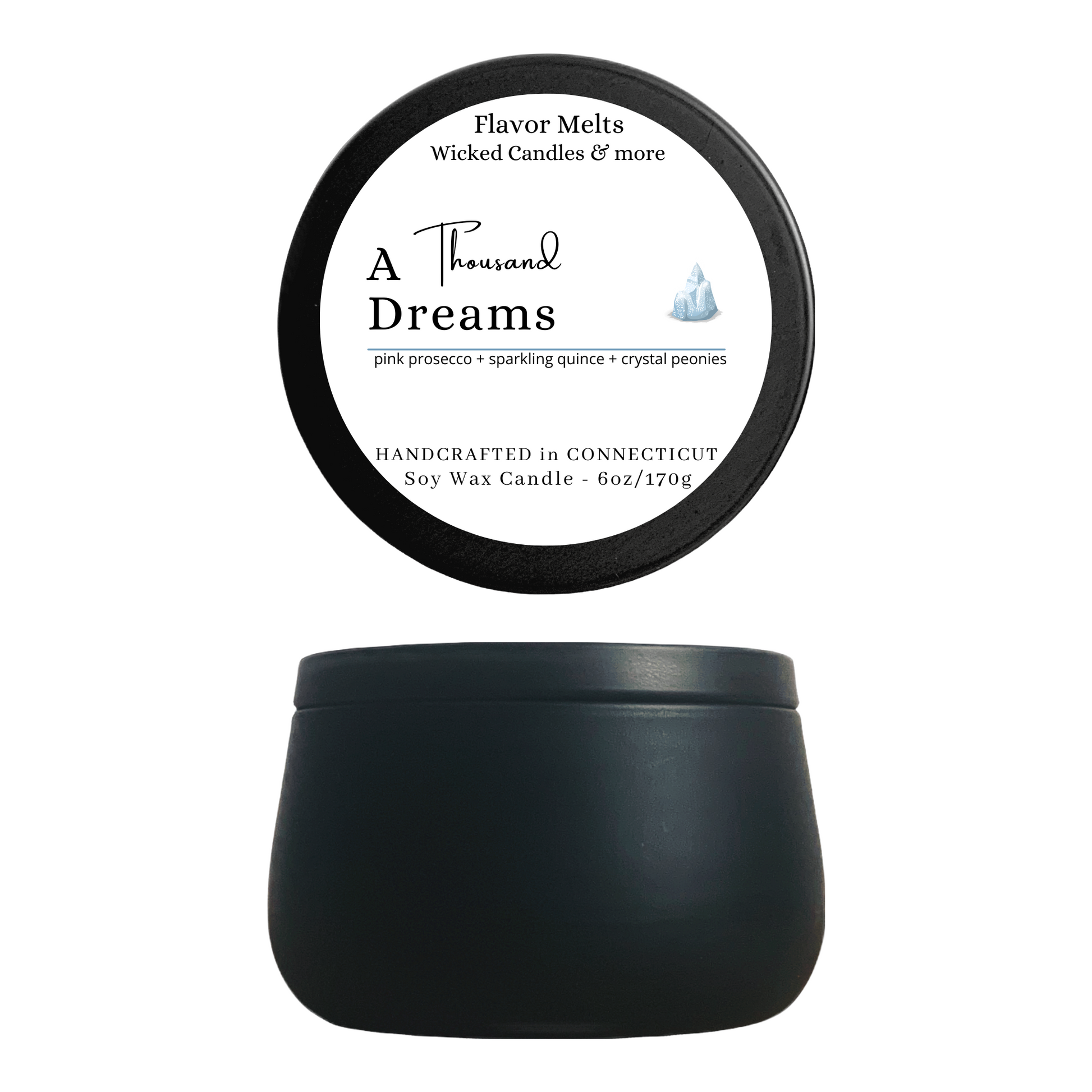 Woodwick scented soy candle - blend of pink prosecco, sparkling quince and crystal peonies. A nice soft luxury scent. Black matte 6oz candle.