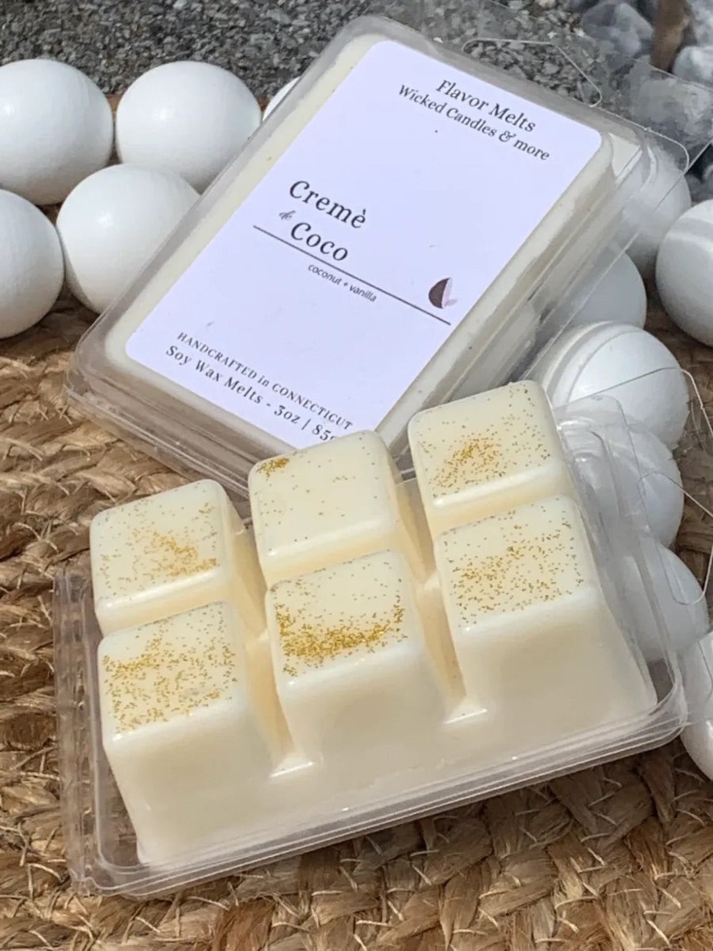 creme de coco soy wax melt scented with in house blend of coconut and vanilla